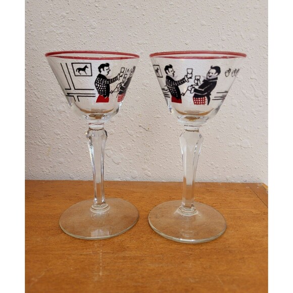 2 Vintage Handpainted MCM Libbey Pickwick Dickens Merrymakers Martini Glasses - Picture 1 of 7